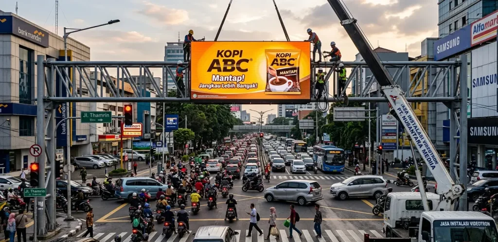 Pemasangan videotron di persimpangan jalan padat untuk meningkatkan jangkauan dan pengenalan merek secara masif