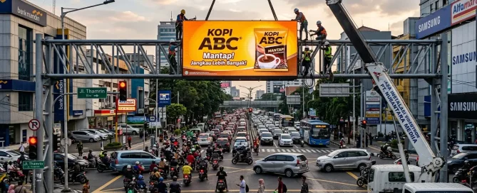 Pemasangan videotron di persimpangan jalan padat untuk meningkatkan jangkauan dan pengenalan merek secara masif