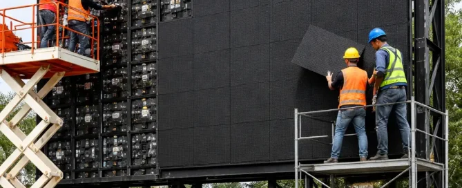 Proses instalasi jasa pasang videotron outdoor menggunakan rangka baja kokoh dan modul LED berkualitas