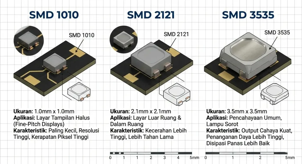 perbedaan antara SMD 1010, SMD 2121, dan SMD 3535