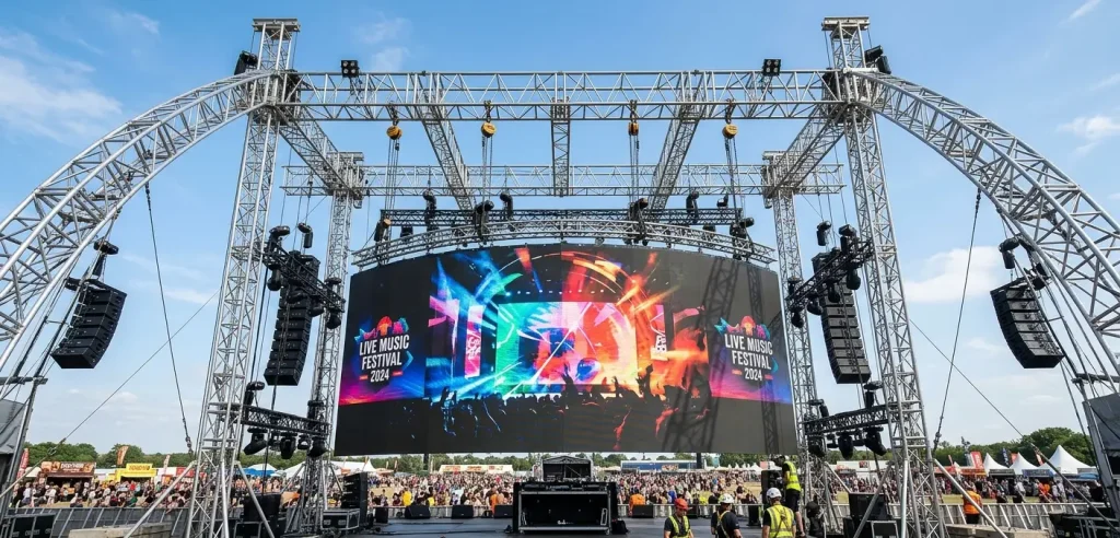 Instalasi rigging panggung kokoh untuk mendukung beban berat layar LED videotron