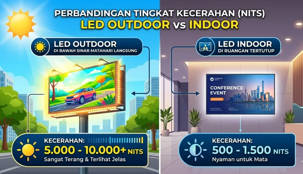 Tingkat kecerahan nits pada LED outdoor di bawah sinar matahari langsung vs LED indoor